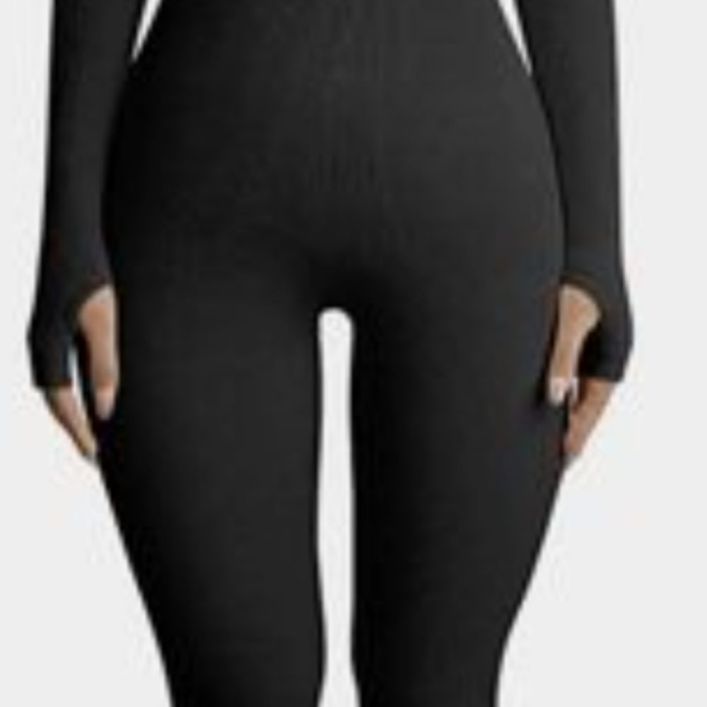 Ooq Ribbed U-Neck Long Sleeved Unitard with Thumb Cutouts